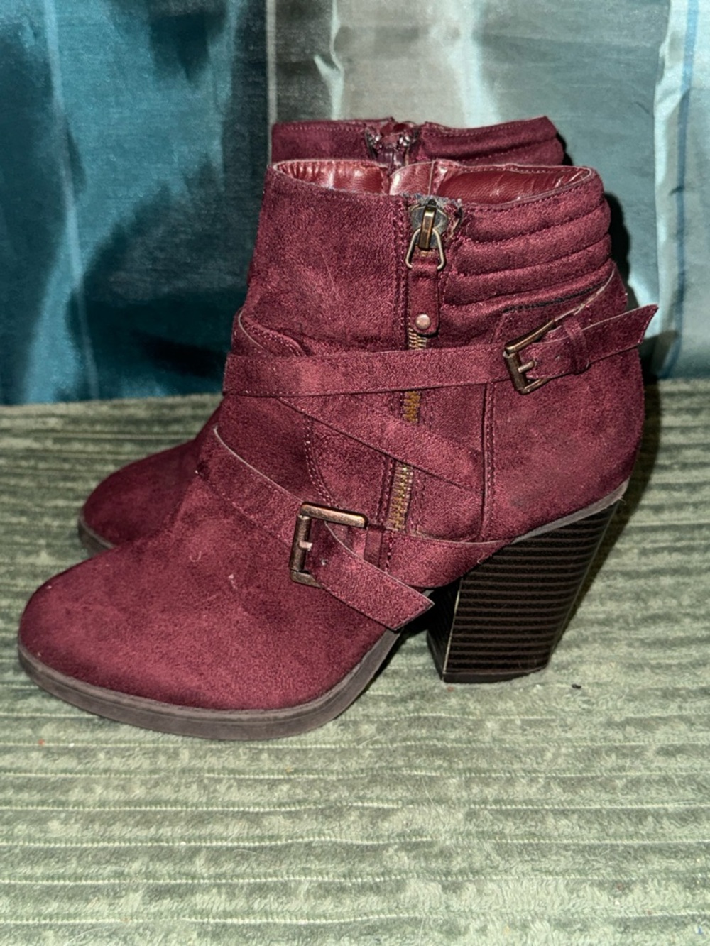 Elle Burgundy Suede Buckle Strap Ankle Booties